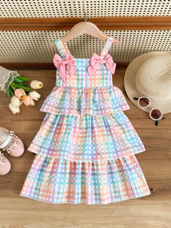 1pc Summer Girls' Plaid Sleeveless Tutu Dress With Pink Bow Detail - Cute Layered Tulle Skirt