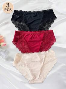 3pcs Sexy Lace Panties Seamless Low Waist Panty Lingerie For Women Floral Pattern Mesh Briefs With Silky Tactile Touch Basics Thin Fabric Knickers Soft Stretch Sexy Panties