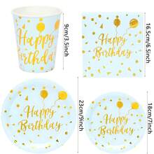 50 piezas/80 piezas Juego de vajilla para fiesta de cumpleaños en azul claro (platos, vasos, servilletas) Decoraciones de fiesta de cumpleaños en azul claro y dorado para hombres y niños, para 10/20 invitados - oro azul - Ver 3
