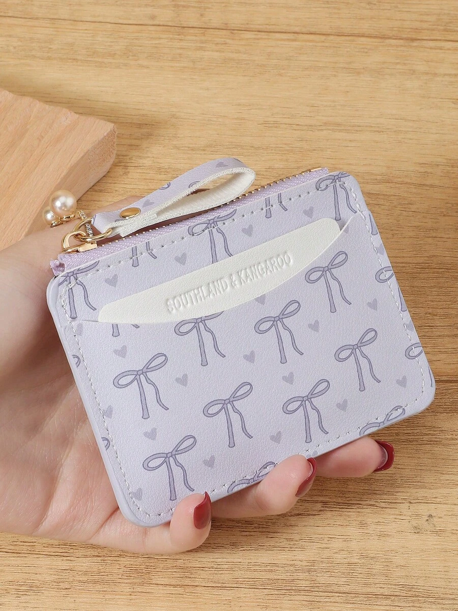 粉色蝴蝶结爱心图案拉链小钱包零钱包小钱包双折超薄女士钱包迷你薄、轻便、多层便携、身份证、信用卡简约、时尚、现代、商务、周年纪念、生日礼物、礼物、女孩、女士、女性、学校宿舍和返校用书包 - 紫色 - 查看 1