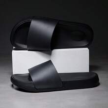 Sandales coulissantes souples et ajustables pour hommes grands formats, sans glissement. Chaussons d'extérieur confortables pour pieds larges en été - Noir - Voir 2