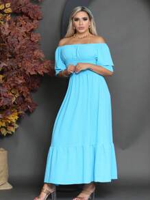 Vestido midi tres marias ciganinha ombro a obro lastex franzido tecido duna
