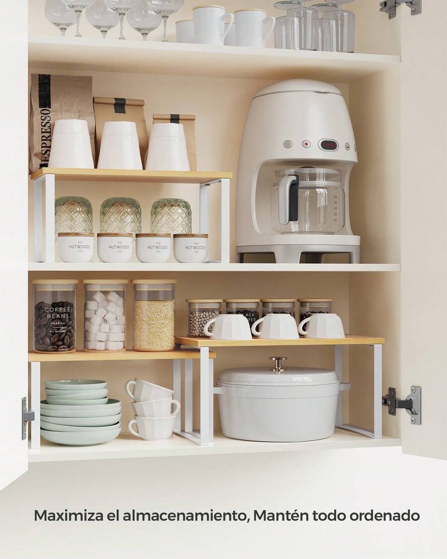 Organizador de Armario de Cocina, Juego de 3 Estuches de mostrador, apilables, especiero expandible, de Metal y bambú,Blanco Nube y Beige Natural - Blanco - Ver 1