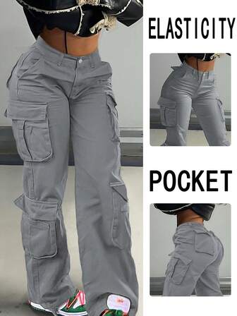 GILIPUR New Gray Cargo Pants For Women, Stretchy Multi-Pocket Casual Loose Pants, Y2K Style Street Fashion, Suitable For Autumn/Winter Outfit, Retro Chic, Ideal For Outings On Holidays Like New Year, Valentine's Day, Chinese New Year, Suitable For All Seasons
