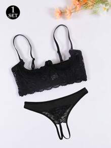 Conjunto de lencería sexy para mujer con sujetador de encaje sin acolchado y pantis de encaje sin entrepierna
