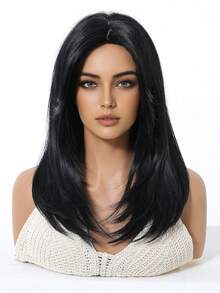 16 Inch Long Straight Wig With Bangs, Suitable For Women, Synthetic Hair Wig, Suitable For Girls Daily Party Wear, Black Heat-Resistant Long Curly Hair - Black - View 5