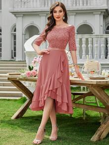 MIUSOL 船领花卉蕾丝拼接荷叶边下摆鸡尾酒会摇摆连衣裙婚礼宾客连衣裙舞会连衣裙