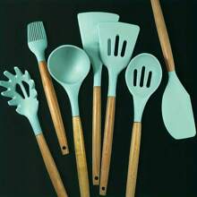 Set di 7 utensili da cucina in silicone con impugnature in legno - Utensili da cottura antiaderenti e resistenti al calore, perfetti per l'uso domestico e in ristorante - Ideali per le vacanze come Ognissanti, Natale, San Valentino, Ringraziamento, Festa della Mamma