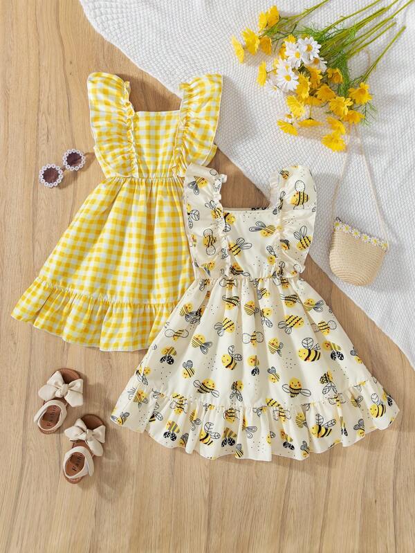 2 Piezas Vestido casual de niña joven con estampado floral de malla, de tirantes y con bajo en capas, para uso de verano en el día a día u outdoor