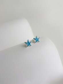 一对金属蓝色海星耳钉，简约星形耳环，优雅女士珠宝，夏季 - 藍色 - 查看 3