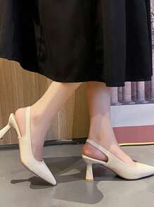 Sandalias de tacón alto y sin respaldo con puntera puntiaguda y correa trasera para mujer, color albaricoque,elegantes y cómodas bombas