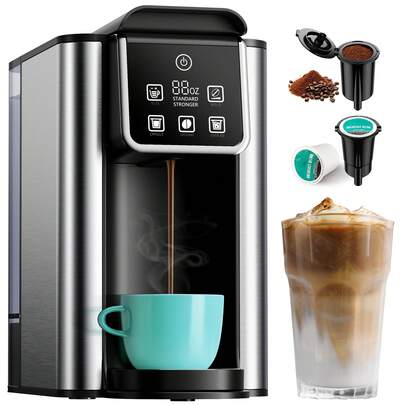 Single Serve Coffee Maker, Hot And Iced Coffee Machine For Ground Coffee, 6 To 14 Oz Brew Sizes, With 50 Oz Large Water Tank, Removable Drip Tray, 430 Stainless Steel.
