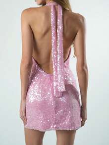 Women Sequin Deep V Mini Dress Cowl Neck Glitter Backless Halter Bodycon Dresses Sparkle Y2k Dresses - 粉色 - 查看 2