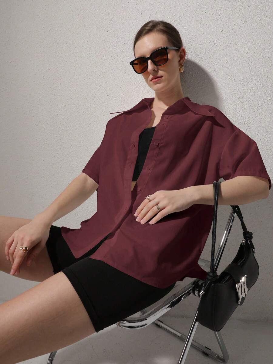QIANZHIDU 2024 Spring, Summer, Autumn Women's Fashion Blouse, Elegant Short Sleeve Button-Up Shirt, Office Lady Chic Top, Summer Women's Wear, Spring Women's Wear, Summer Tops, Valentine's Day And New Year Outfit - Burgundy - View 1