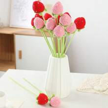 8pcs Handmade Crochet Strawberry Flower Bouquet, Red & Pink, Suitable For Home Decor, Holiday Decor, Valentine's Day & Birthday Gifts, Creative Present