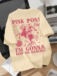 Girls' Casual Minimalist T-Shirt, Rose Red Letter & Horse Print, Beach & Outdoor Style Pullover, Round Neck Short Sleeve, Summer New Girls Short Sleeve Top - Apricot - View 6