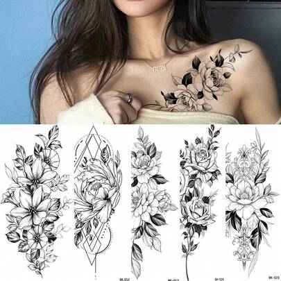 5 ورقات وشم مؤقت كبير بزهور وفراشات مقاوم للماء للنساء والفتيات - ملصقات جريئة للفن على الجسم لحضور المهرجانات ، الشاطئ ، النوادي ،والأزياء الصيفية