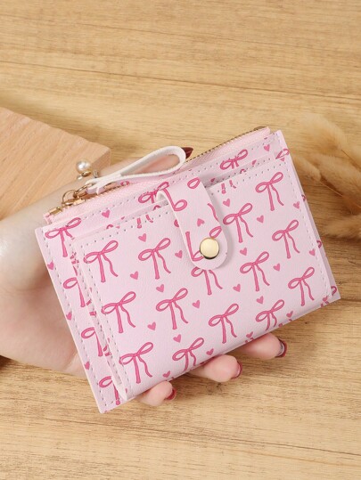 Pink Bow Love Pattern Buckle Fashion Card Holder Slim Lightweight Portable Cash Money ID Card Credit Card Coin Pocket For Birthday Gift Gift Anniversary Christmas On Valentine Day Lover Female Lady Girls Women Teenagers For College Student School Student,Bag School Supplies For School Dorm Room & Back To School
