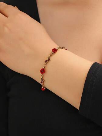 1pc Women's Vintage Gold Color Rose Flower Bracelet