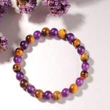 1 Stück 8mm Natürlicher Tiger-Auge Stein Armband, Gelber Tiger-Auge & Amethyst Perlen Elastik Armband, Mehrzweck-Armband für Herren und Damen