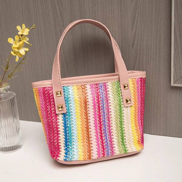 2-in-1 gewebte Einkaufskorb Handtasche, 2025 neue Damen Stroh gewobene Schultertasche, bunte gestreifte Mode personalisierte Pendler Nischen Lässig Handtaschen, Damen rosa minimalistische Eimer Tasche, Mini Regenbogen gestrickte Tragetasche
