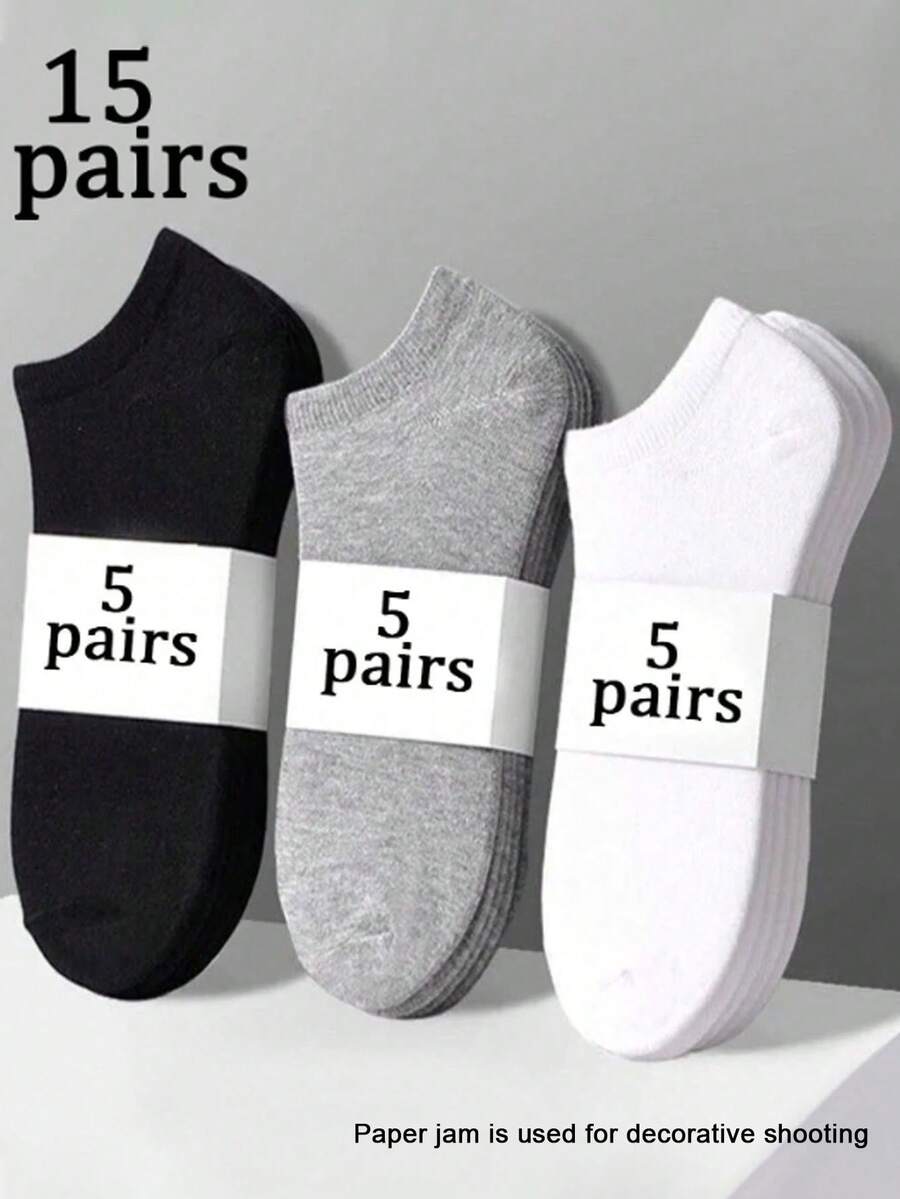 1/5/10/15 双纯黑、白、灰百搭踝袜，百搭简约设计，适合日常穿着 - 彩色 - 查看 1