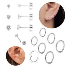 Ensemble de boucles d'oreilles à tige plate en acier inoxydable 316L pour piercings multiples pour oreilles sensibles, boucles d'oreilles créoles petites en acier titane doré 14 carats hypoallergéniques avec petits clous CZ pour femmes, pour piercings de l'hélix, du rook, du daith, de la conque, du nez, des lèvres et du corps, tailles 16G, 8 mm, 10 mm, 12 mm