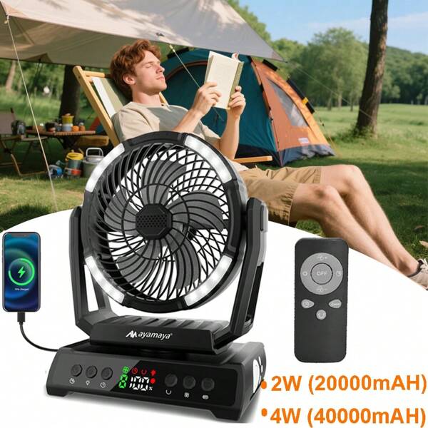 Camping Fan With Light, Rechargeable Tent Fan With Remote, 9 Speeds Battery Powered Fans With Digital Display, Timer, Auto Oscillation & Hook For Camping, Outdoor Tents, Hurricane