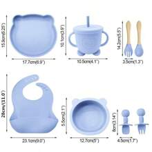 Set di alimentazione per bebè in silicone da 8 pezzi/6 pezzi/5 pezzi/4 pezzi/3 pezzi con piatto diviso con ventosa, prodotti per lo svezzamento, set di piatti per l'alimentazione autonoma di bebè/bambini piccoli con cucchiaio, forchetta, tazza con beccuccio, bavaglino regolabile, stoviglie per bebè