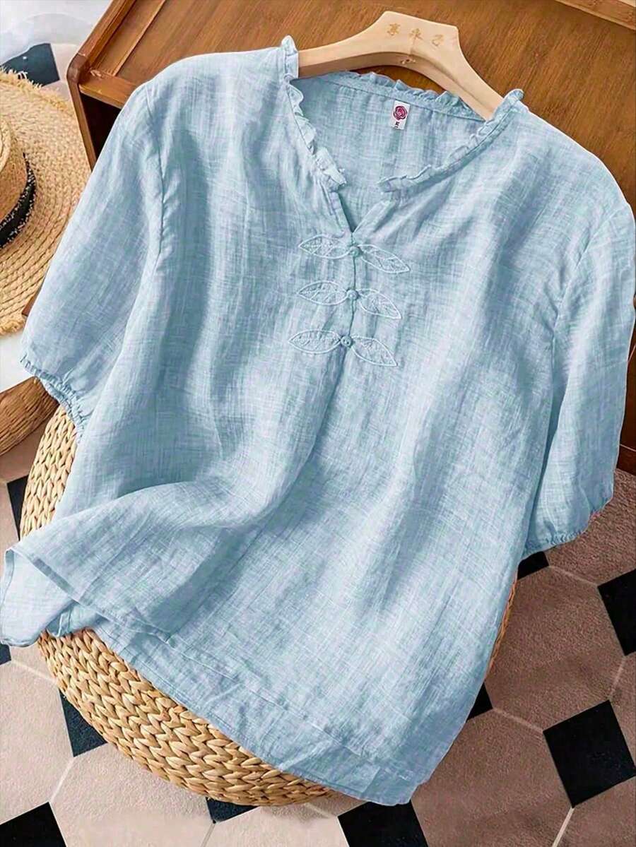 大码女式休闲V领纯色短袖衬衫