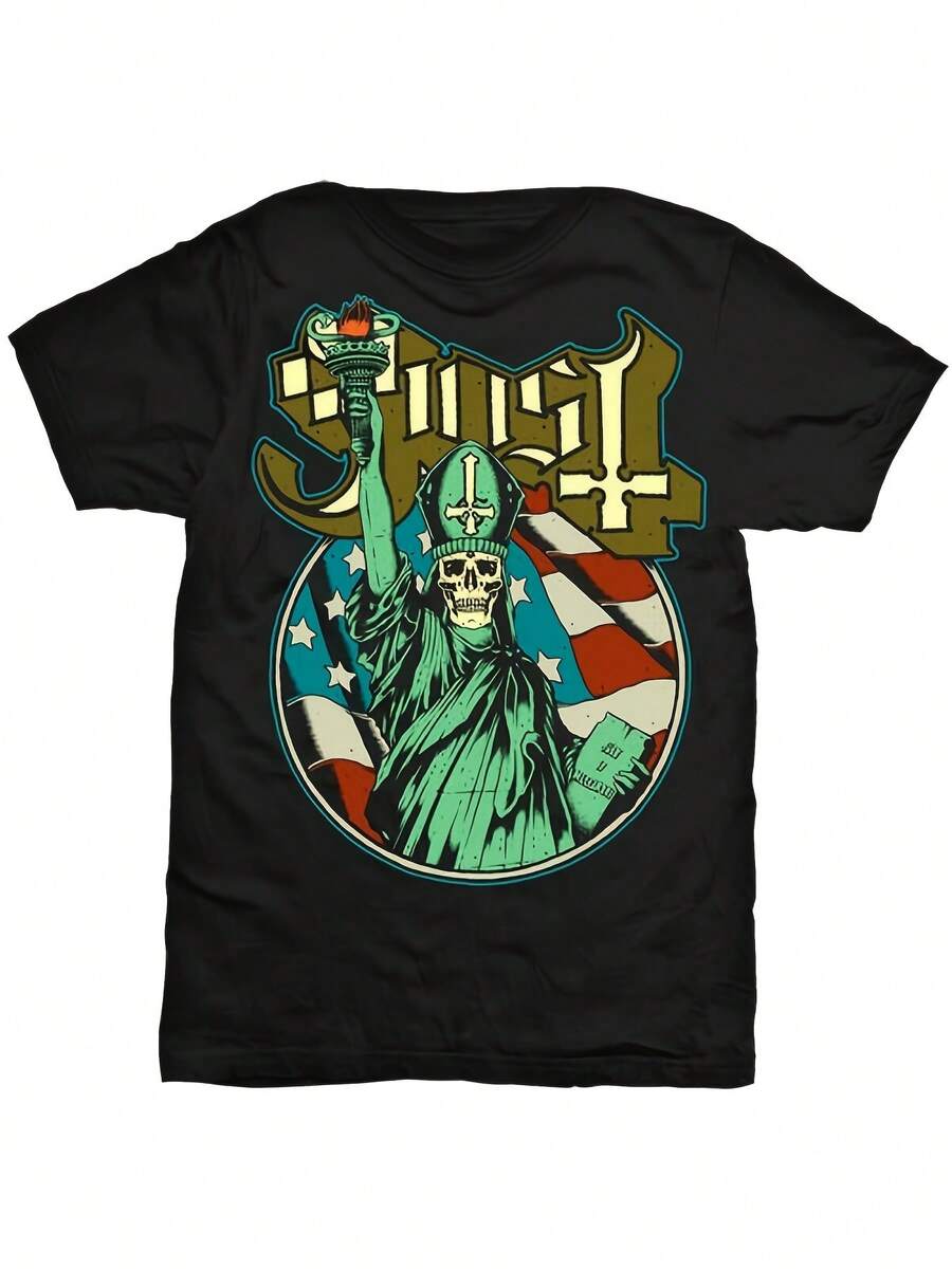 Men's Black Statue Of Liberty Graphic T-Shirt - Retro Casual Short Sleeve Crew Neck, 100% Cotton Relaxed Fit, Plus Size, Machine Washable, All-Season Comfort, Made In USAA T-Shirt With A Fun American Comic Cartoon Design Feel High Street Printed T-Shirt - Black - View 1