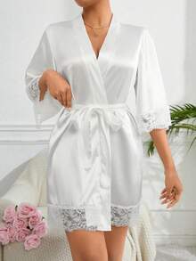 Satin Women's Robe With Lace Trim, Bridal Bathrobe Bridesmaid Gift, Lace Lace Pajama Lace Up Casual Bathrobe, Summer Bathrobe, Seasonal Bathrobe Back To School - White - View 1
