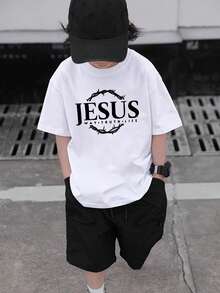 男童及青少年休闲图案印花圆领短袖T恤，夏季上衣