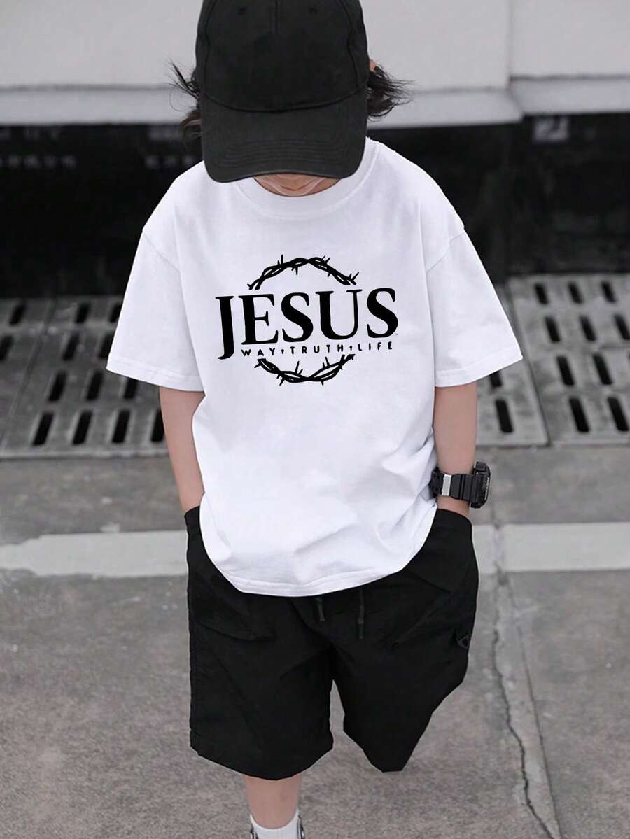 Camiseta de manga corta con cuello redondo y estampado gráfico informal para niños preadolescentes, top de verano - Blanco - Ver 1