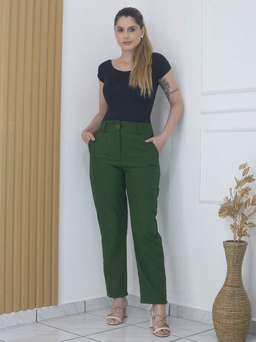 Women's Refreshing Plain Tailored Trousers With Button - Maxma 6631 - Verde militar - Ver 1