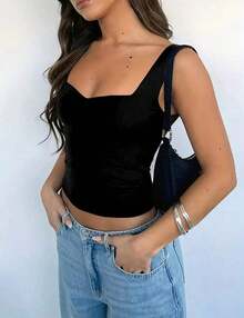 Women's Basic Suplex Cropped Blouse, Tight And Comfortable, Casual Or Stylish Look, Simple And Elegant, Wrinkled Knitted Fabric - màu đen - Xem 2