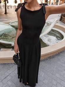 大码女式长款 A 字裙，肩部系带和蝴蝶结，黑色无袖，松紧腰身，夏季休闲连衣裙，节日连衣裙，女士夏季服装，度假、通勤和日常穿着 - 黑色 - 查看 5