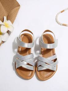 1 Pair Infant/Toddler Girls' Sparkly Cross Strap Peep Toe Hook And Loop Soft Sole PU Fashion Cute Luxurious Non-Slip Children Sandals, Suitable For 3-15 Years Old Boys Girls, Indoor Outdoor Beach Party Campus Wear, Spring Summer 2025 New Arrival - Silver - View 3