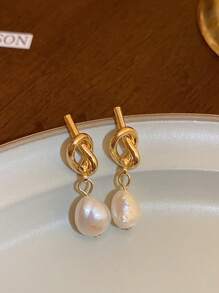 1 Pair Of Knotted Pearl Minimalist Stylish And Elegant Imitation Pearl Pendant Earrings Elegant Luxury Design Earrings With A Simple Drop Design, Perfect For Parties And Multi-Functional Gifts For Women