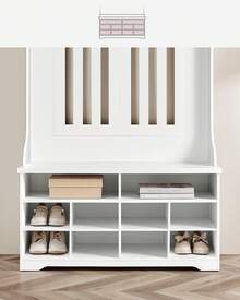 Meuble d'Entrée, Porte-Manteau avec Banc à Chaussures, Vestiaire, Rangement pour Chaussures, 5 Crochets Triples, Gain de Place, pour Entrée, Couloir, Étagères Réglables, Blanc Nuage - Blanc - Voir 2