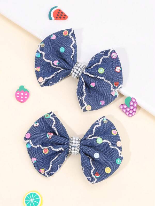2pcs Denim Hair Bows For Girls Solid Color Denim Bow Alligator Clips With Fruit Accessories Cute Apple Strawberry Watermelon Decor Bow Hair Clips Vacation Gifts Bow Barrettes Kids Hair Accessories