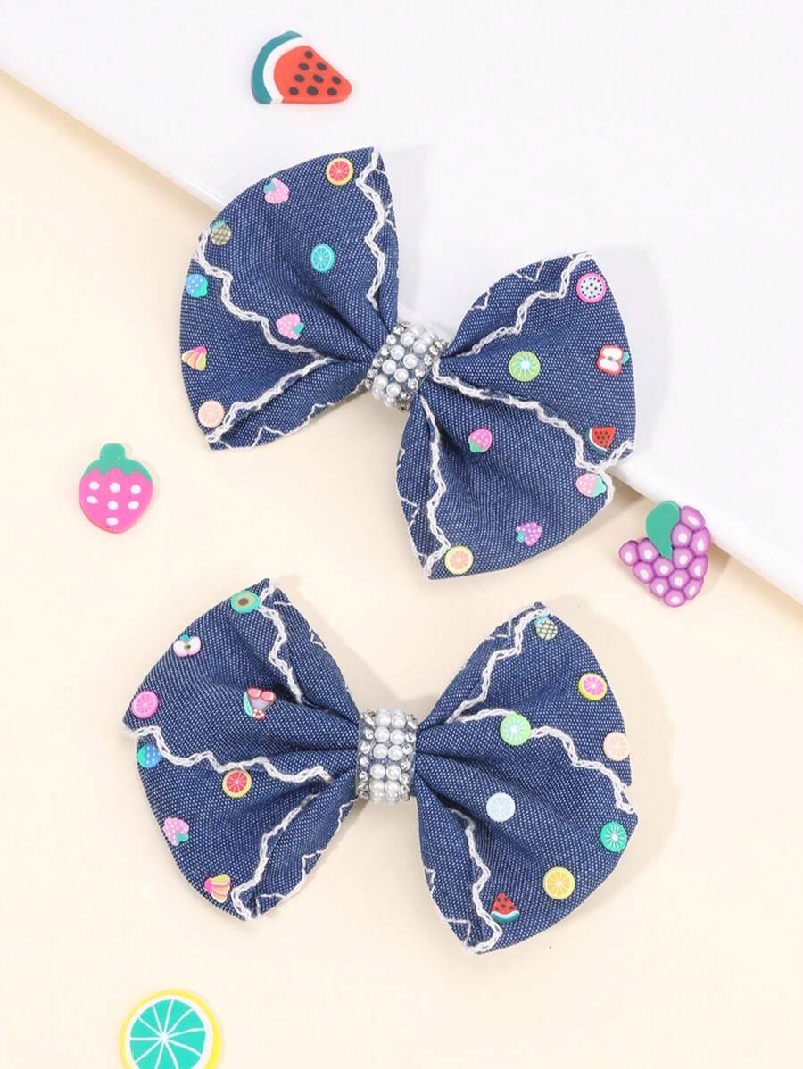 2pcs Denim Hair Bows For Girls Solid Color Denim Bow Alligator Clips With Fruit Accessories Cute Apple Strawberry Watermelon Decor Bow Hair Clips Vacation Gifts Bow Barrettes Kids Hair Accessories