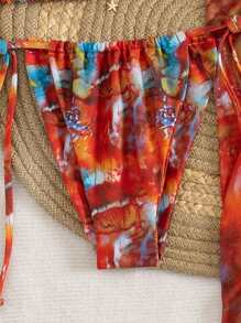 3pcs Women's Sexy Floral Print Bikini Set With Tie-Up Back And Mesh Skirt, Summer