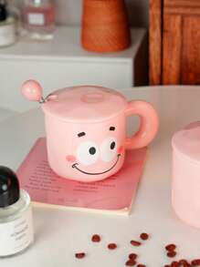 1 Stück 350 ml rosa Keramik Kaffeebecher mit Deckel & Löffel, süßer Cartoon Schwein Milchbecher mit Griff, sinnvolles Geschenk zum Geburtstag und für Paar, stilvoller Wasserbecher