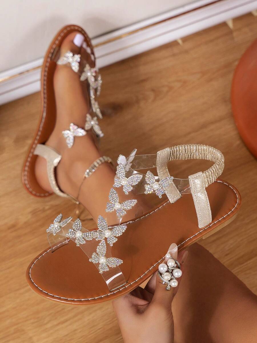 Women's Flat Sandals With Bowknot And Rhinestones, Elegant Pointed/Round Toe High Heel Sandals, Bohemian Style For Formal Events, Parties, Sparkling