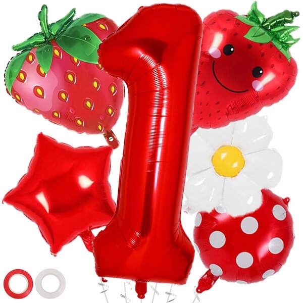Berry Birthday Decorations, Strawberry Foil Number 1-9 Balloons For Strawberry Themed Sweet Birthday Party Decoration Supplies