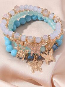 4pcs/Set Bohemian Style Stacked Bracelet Set With Colorful Butterfly Beaded Multi-Layer Bracelets - Multicolor - View 5