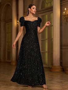 Missord Sweetheart Neck Puff Sleeve Sequin Formal Dress Black Elegant Prom Evening Wedding Guest Gown, For Graduation, Dinner Party Dress