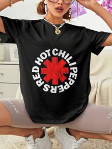 EWHRed Hot Chili Peppers Distressed Women's Black Cute Women's Tops With Unique Front Design, Perfect For Summer - 黑色 - 查看 8