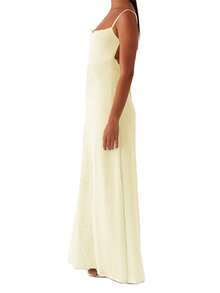 Women Long Dress Lace Patchwork Sleeveless Cami Dress Summer Tie-Up Backless Spaghetti Strap Dress - 黃色 - 查看 4
